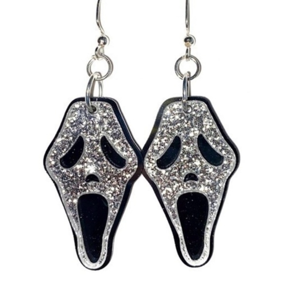Silver Glitter Scream Face Earrings